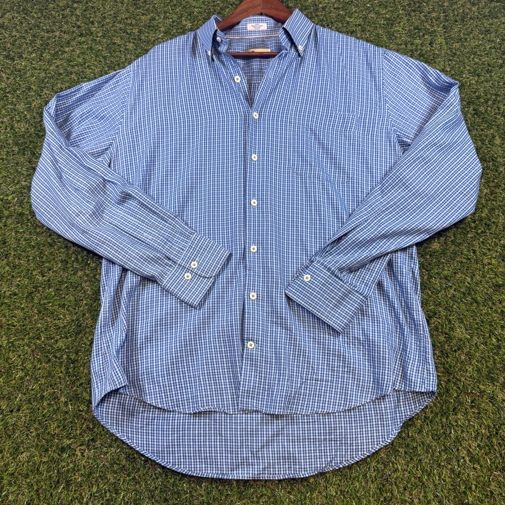 Peter Millar Mens Large Blue Silk Cotton Blend Check Button Down Shirt L